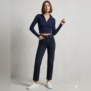 Garage Navy Blue Ribbed Quarter-Zip Cropped Pullover - Size Small